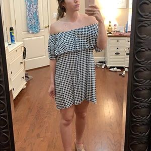 Neiman Marcus Gingham Off the Shoulder Dress